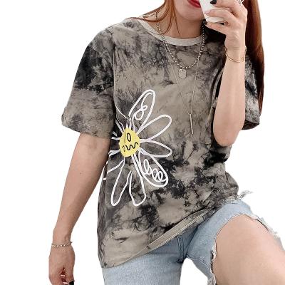 China Anti-wrinkle summer new women's clothing exclusive for short sleeve border design printed black beige tie-dyet T-shirt wholesale for sale