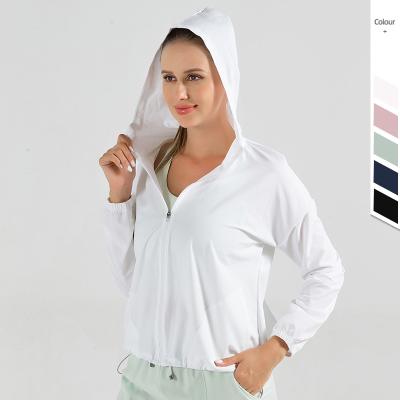 China Sweat-Wicking yoga sports jacket for women sun protection loose clothing quick-drying cardigan hooded workout clothes for sale