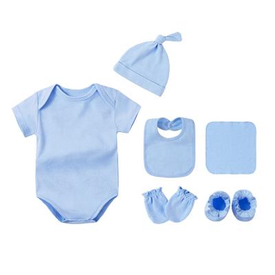 China 100% Cotton Shorts Sleeve Newborn Baby Clothing Sets Baby Romper Beanie Mitt Sock Bib Scarf Set for sale