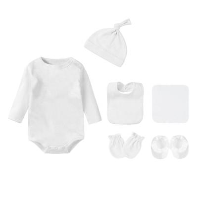 China 100% Cotton Newborn Baby Sleeve Romper Hat Bib Mittens Shoes Scarf Long Sets Baby Plain Clothing Set for sale