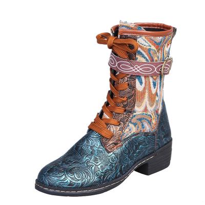 China National Fashion Trend Wind Printing Bandage Waterproof Women Casual Trendy Martin Boots for sale