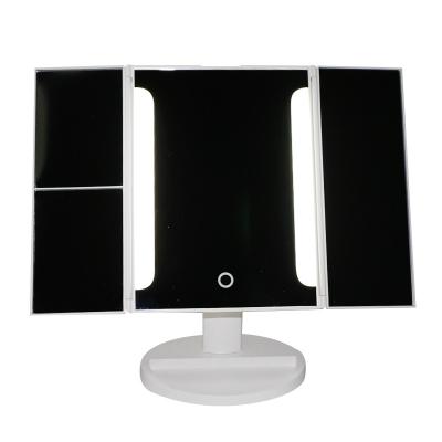 China Customized Lighted Plastic Cosmetic Table Three Sides Led Folding Mirror With Storage for sale