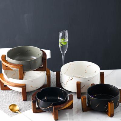 China High quality viable different size rice soup salad gloss black shing marble ceramic bowl set with stand for sale