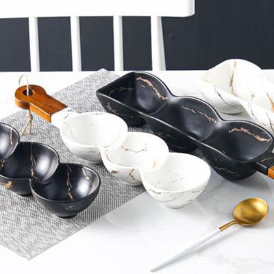 China Restaurant Factory Price Marble Luster Viable Matte Tapas Snacks Ceramic Serving Dishes For Dinner With Bamboo Handle for sale