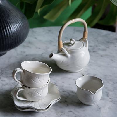 China Viable High Quality Classic White Tea Cups And Saucers Matte Handle Porcelain Teapot Set Porcelain Wood Tea Set With Teapot for sale