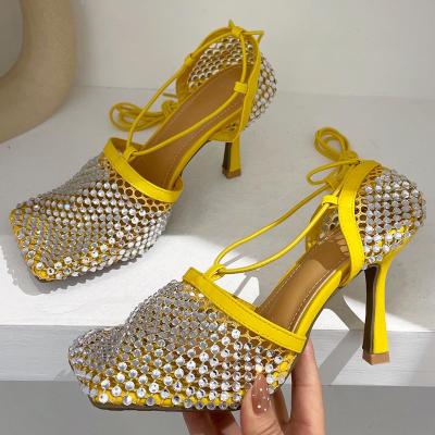 China CS040 Breathable Rhinestone Ladies Shoes High Heels Shoes for Women Mesh Women Casual Heels for sale