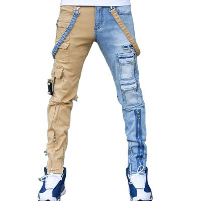 China 2022 New Fashion Contrast Leg Pants Men's Breathable Tight Pocket Jeans Pants Tight Leg Jeans for sale