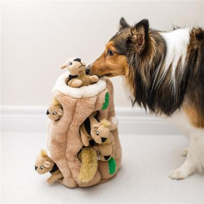 China Hot Selling Viable Pet Products Stalk Squeaky Hide And Seek Activity Tree Hole 6 Squirrels Plush Dog Toys for sale