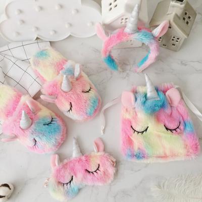 China Bedroom Girl's Hot Sale Indoor Hot Animal Unicorn Sets Plush Slipper Hair Band Visor Drawstring Bag for sale