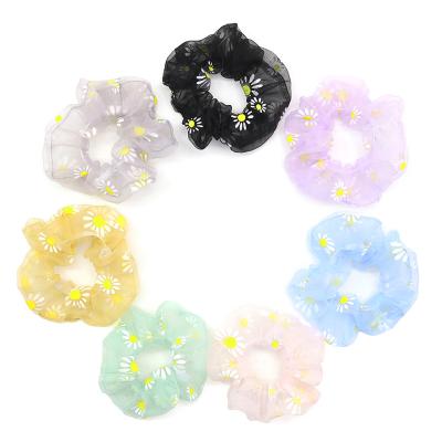 China Soft Customized Size Daisy Flower Printed Chiffon Organza Hair Scrunchies Summer Hair Tie for sale