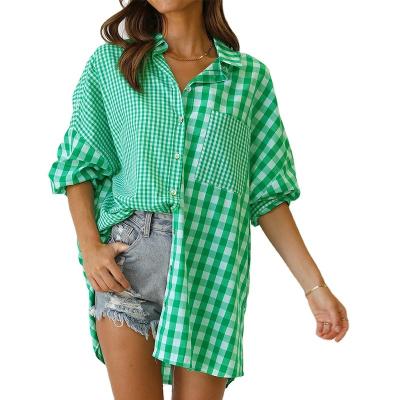 China Wholesale New Fashion Plaid Anti-Shrink Button Shirt Button Cardigan Women's Blouse Tops Color Matching Wholesale for sale