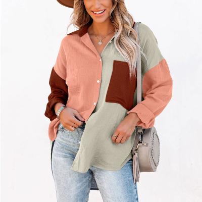 China Fashionable Women's Anti-pilling Blouse Color Block Button Down Shirts Long Sheath Oversized Boyfriend Shirts Tops for sale