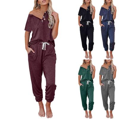 China Breathable home ladies dress European and American v-collar loose button solid color casual suit for sale