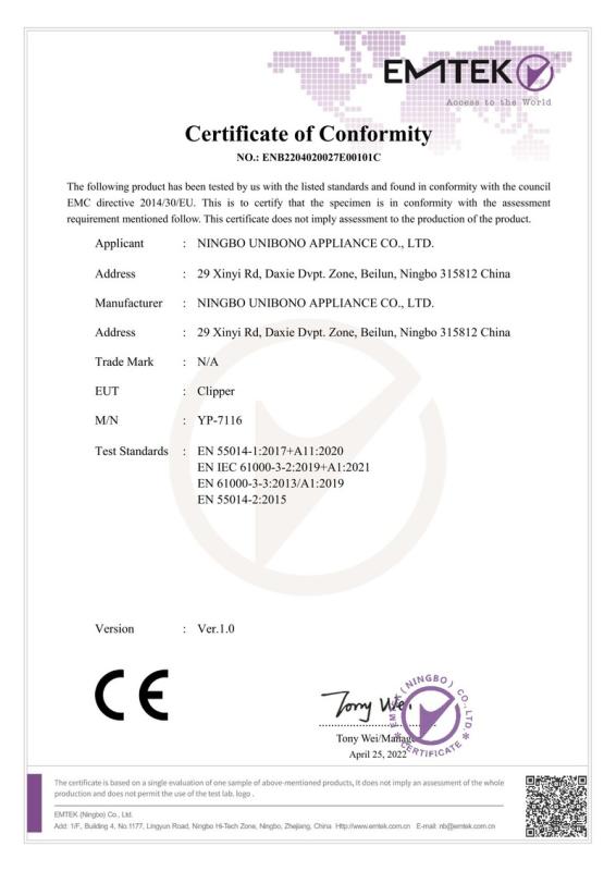 CE - Ningbo Unibono Appliance Co., Ltd.