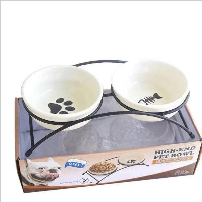 China Sustainable Ceramic Custom Dog Bowl With Metal Rack Feeder For Food Storage for sale