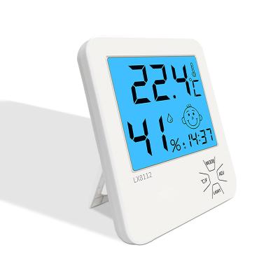 China Indoor Backlight Mini Househood Home Thermometer Hygrometer with Time Display and Alarm Clock for sale