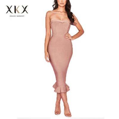 China Anti Static Ladies Women Off Shoulder Bandage Frill Edge Midi Dress for sale