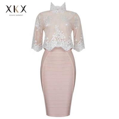 China Anti-Static Slim Fit Women Dress Sexy 2 Piece Bandage Womens Lace Bodycon Dresses for sale