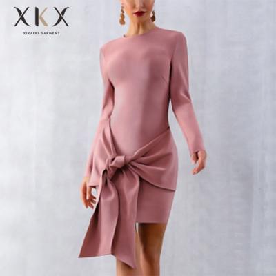 China 2021 Women's Anti-Static Summer Elegant Bow Tie Down Long Sleeve Sexy Ponte Dress for sale