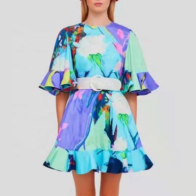 China 2022 anti-static new style hang color painted lotus style personality dress round neck line one leaf sleeves high waist summer short skirt for sale