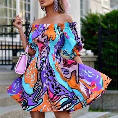 China European and American anti-static fashion personality printing skirt 2022 waist new summer one-shoulder a-line dress puff sleeves for sale