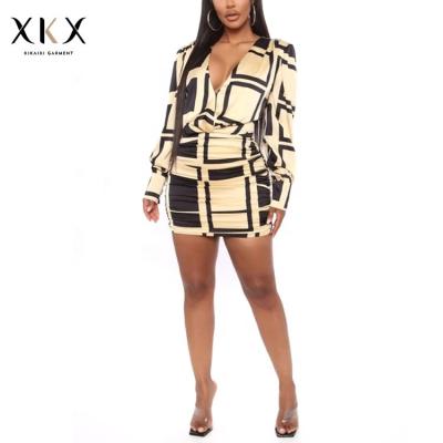 China Spring And Summer Anti-Static Bodycon Dress Long Sleeve Deep V-Neck Backless Print Pattern Slim Dress for sale