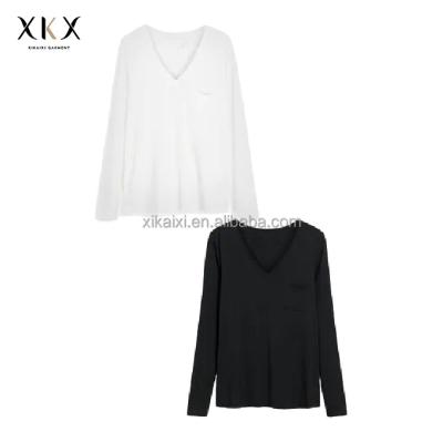 China China factory anti-static v-neck plain white long sleeve t-shirt for women and girls wholesale for sale