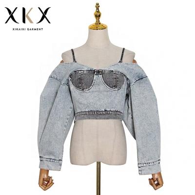 China Autumn new fashion plus size halter strapless long sleeve sexy quilting contrast color sling denim cropped jacket for sale