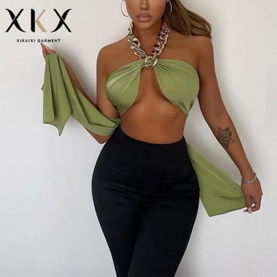 China 2022 QUICK DRY new summer metal chain sexy wrap spring and chest straps halter top women for sale