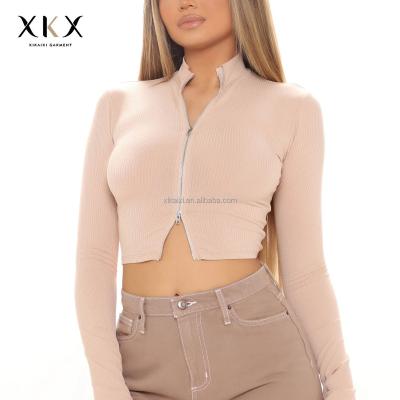 China XKX Anti-Static 2022 Spring Women Long Sheath Two Way Crop Top Women Casual Street Zipper Knitted Top for sale