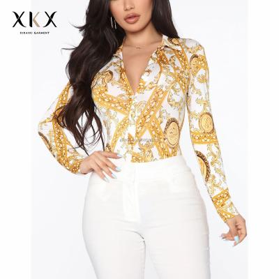 China 2022 XKX Spring Print Custom Women Anti-Static Long Sleeves Button Down Shirt Women Top Top Front Pocket for sale