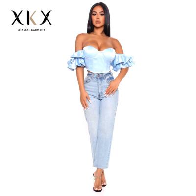 China Ladies Breathable Shorts Bra Top Sets Soft Hearted Ladies Beach Top Blouse Off Shoulder Blast Sleeve Crop Top for sale