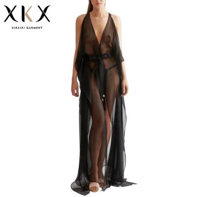 China 2021 New Women's QUICK DRY Black Transparent Pajamas Fashion Tie Home Sexy Casual Pajamas for sale