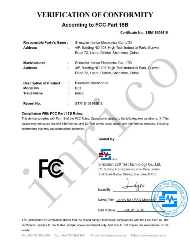 FCC - Inrico Technologies Co., LTD.