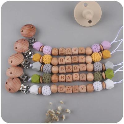 중국 Custom Logo Silicone Bead Dummy Clip Baby Teething Wooden Pacifier Chain 판매용