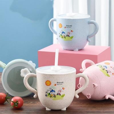 China Wholesale Wheat Straw Straw Water Cup With Scale Baby Drinking Cup With Lid Children Cute Cartoon Water Cup for sale