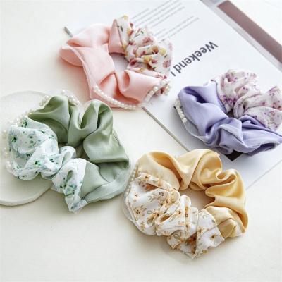 China Girls' hair accessories Summer Mixed Colors Flower Pattern Pretty Hair Scrunchies With Plastic Pearls Elegant Hair Rope Satin Big Rope for sale