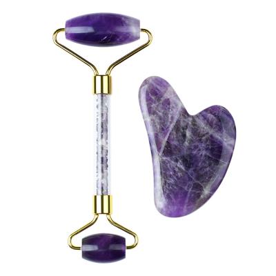 China 2021 best price rose quartz jade roller gua sha purple jade roller whitening wholesale beauty handheld facial massager for face with box for sale