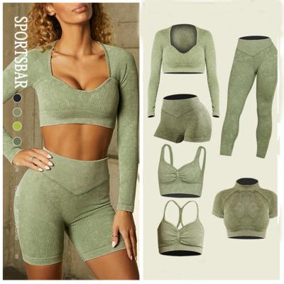 China Breathable Custom Logo 6 Piece Gym Equipment Set Conjuntos Deportivos Para Mujer Seamless Ribbed Yoga Set for sale