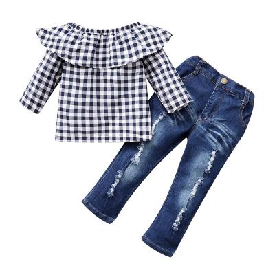 China 2021 CIS One Shoulder Formal Girls Set Fashionable Grid Top And Jeans Outfits Kids Clothes Suit for sale