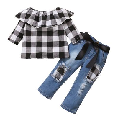 China 2021 Formal INS Girls Set Fashionable Grid Fabric Top +Jeans+waistband Fits Child Autumn Clothing Suit for sale