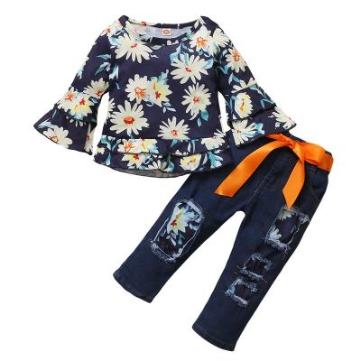 China Wholesale Formal Girls Sunflower Floral Top +Jeans Set Children Autumn Clothing Three-Pieces Suit for sale