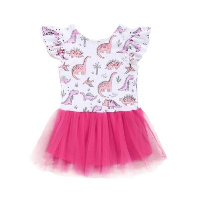 China Breathable Summer Cartoon Newborn Dinosaur Printing Mesh Skirt Cute Baby Girl Pink Dress for sale