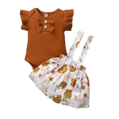 China Casual Teethers Cotton Dresses Short Sleeve Romper Flower Printing Babies Dress Set for sale