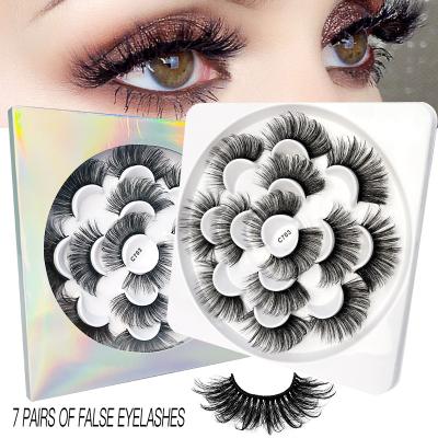 China Wholesale Natural Long 7 Pairs 25MM Thick Multilayer Matte Black Eyelash Cruelty Free Mink Eyelash Cotton Russian Full Strip False Eyelashes for sale