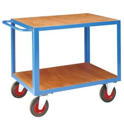 China Two Tier 500kg Warehouse Shelf Trolley Metal Utility Cart With Four Wheels for sale