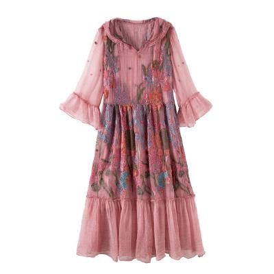 China New Anti-Static Discount Suit Chiffon Yarn Floral Printing Ladies Pink Long Sleeve Casual Dress for sale