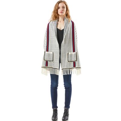 China Anti-Wrinkle Houndstooth Shawl Sweater Ladies Cable Knit Poncho Women Long Sleeve Winter Coat Batwing Computer Knitted High Street for sale