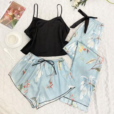 China QUICK DRY Good Quality Suspender Pants Pajamas Three Pieces Set Print Sexy Pajamas Set Women for sale