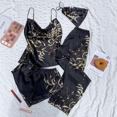 China New Design QUICK DRY Lightweight Casual Women's Print Halter Top Pajamas Four Piece Set for sale